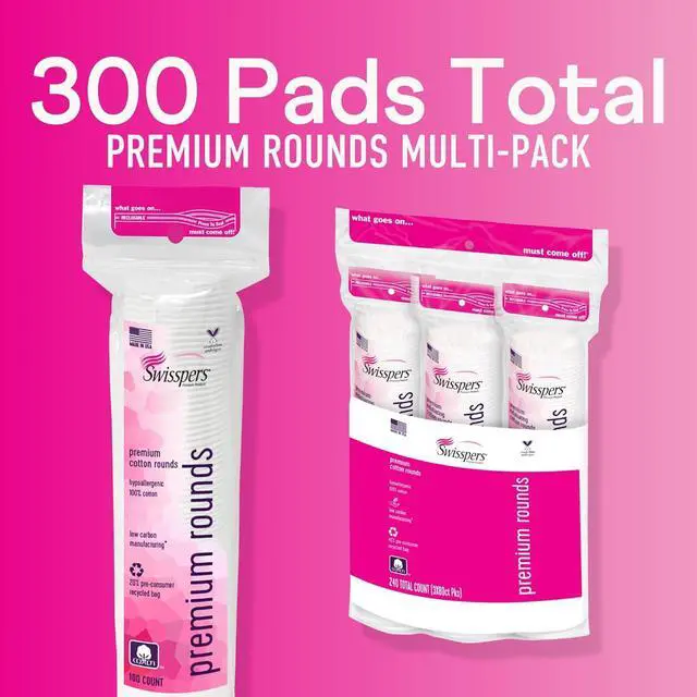 Alt view image 2 of 7 - Swisspers Premium Cotton Rounds, Dual-Sided, 100 Count (Pack of 3) | Hypoallergenic, Textured Side, Lint-Free Side, Dermatologist-Tested, Chlorine-Free, 300 Total