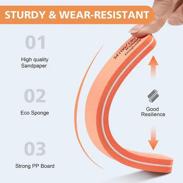 Alt view image 6 of 7 - BALUCA 10-Pack Professional Nail Files & Buffers for Acrylic & Natural Nails | Double-Sided 100/180 Grit Emery Boards | Reusable Salon-Grade Nail Filer & Shine Kit for Women & Pets (Orange)