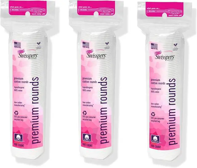 Main image of Swisspers Premium Cotton Rounds, Dual-Sided, 100 Count (Pack of 3) | Hypoallergenic, Textured Side, Lint-Free Side, Dermatologist-Tested, Chlorine-Free, 300 Total