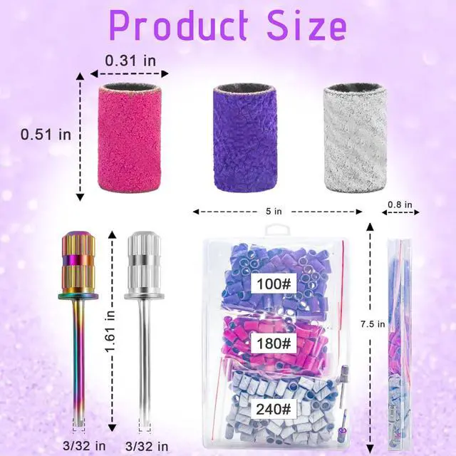 Alt view image 2 of 6 - Nail Drill Sanding Bands Set - 300pcs Coarse & Fine Grit Bands (100#180#240#) with 3/32' Mandrel Bits for Manicure