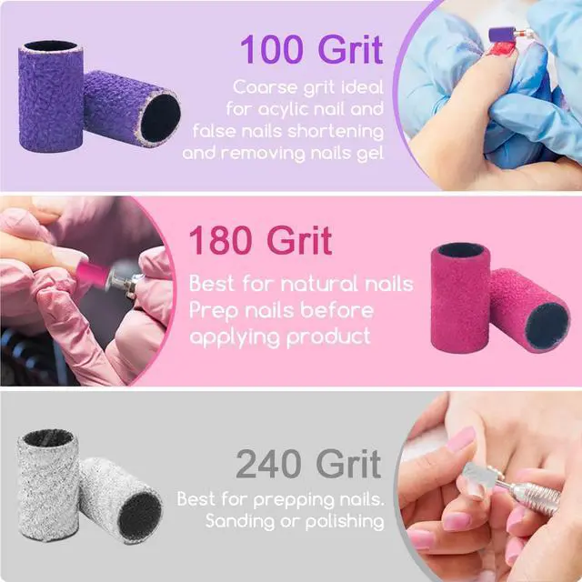 Alt view image 3 of 6 - Nail Drill Sanding Bands Set - 300pcs Coarse & Fine Grit Bands (100#180#240#) with 3/32' Mandrel Bits for Manicure