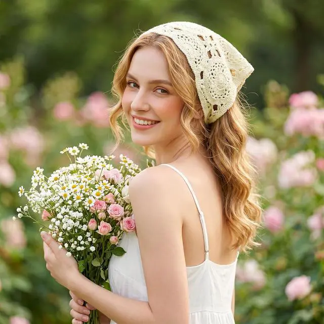 Alt view image 6 of 7 - hoyuwak Crochet Bandanas Headbands Head Scarf Hair Scarf for Women Girls Knitted Floral Hair Accessories for Hair Styling Festival Holiday Christmas Decor(beige)