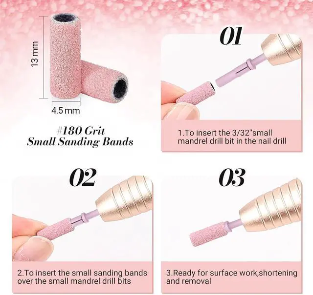Alt view image 6 of 7 - MelodySusie 120 Pcs Nail Drill Bits Small Sanding Bands for 3.1mm Mandrel Bit, 180 Fine Grit Nail File for Acrylic Nails Gel Manicures and Pedicure, Pink (Only Sanding Bands)