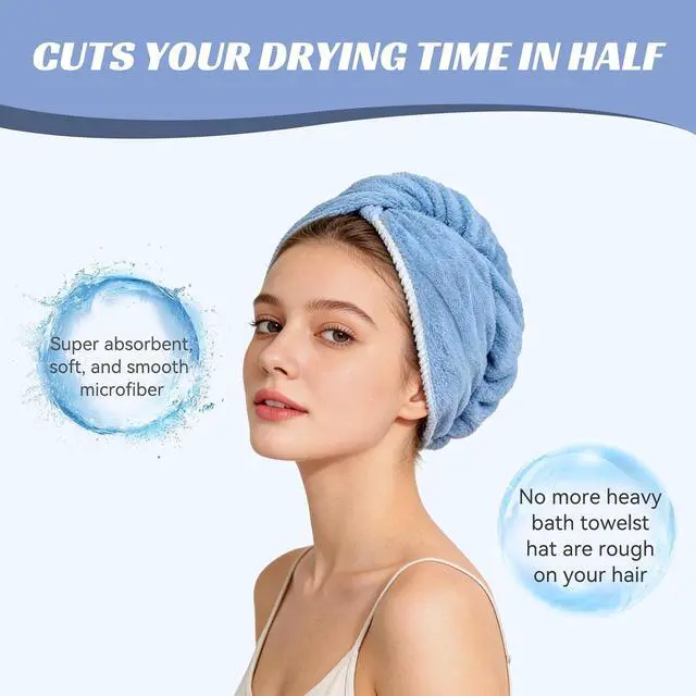 Alt view image 5 of 6 - Microfiber Hair Towel Wrap for Women, Soft Lightweight Quick Dry Turban, Drying Hair Towels for Women, Hair Drying Towel with Button for Curly & Long Hair - Blue (Note: This model is ultra-slim.)