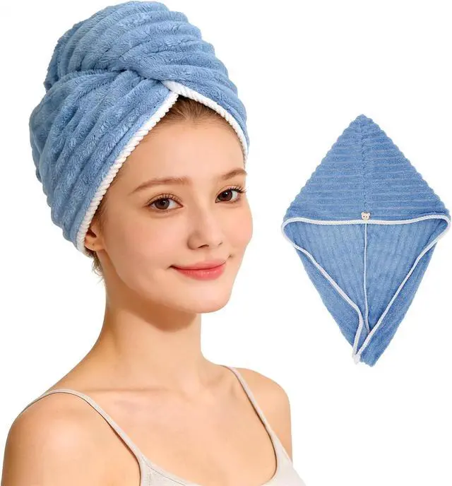 Main image of Microfiber Hair Towel Wrap for Women, Soft Lightweight Quick Dry Turban, Drying Hair Towels for Women, Hair Drying Towel with Button for Curly & Long Hair - Blue (Note: This model is ultra-slim.)