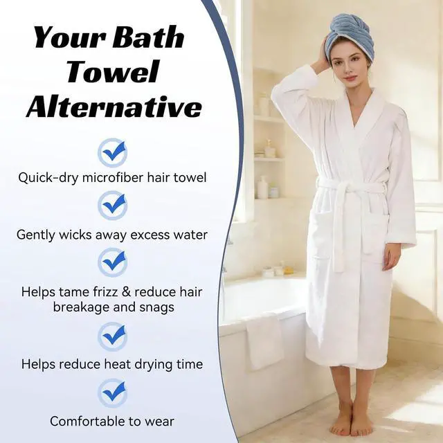 Alt view image 4 of 6 - Microfiber Hair Towel Wrap for Women, Soft Lightweight Quick Dry Turban, Drying Hair Towels for Women, Hair Drying Towel with Button for Curly & Long Hair - Blue (Note: This model is ultra-slim.)