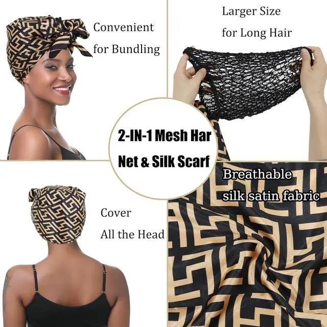 Alt view image 3 of 6 - 2 in 1 Wrap Cap Hair Net for Silk Press, Satin Scarf Hair Net Silk Press Wrap for Women Sleeping Curly Hair Care