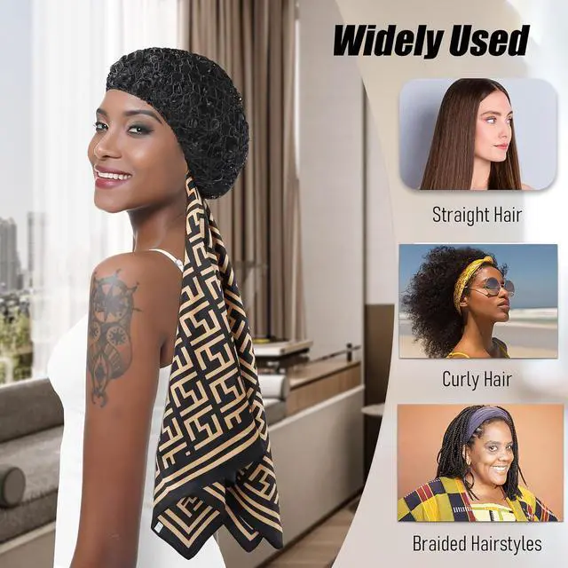 Alt view image 4 of 6 - 2 in 1 Wrap Cap Hair Net for Silk Press, Satin Scarf Hair Net Silk Press Wrap for Women Sleeping Curly Hair Care