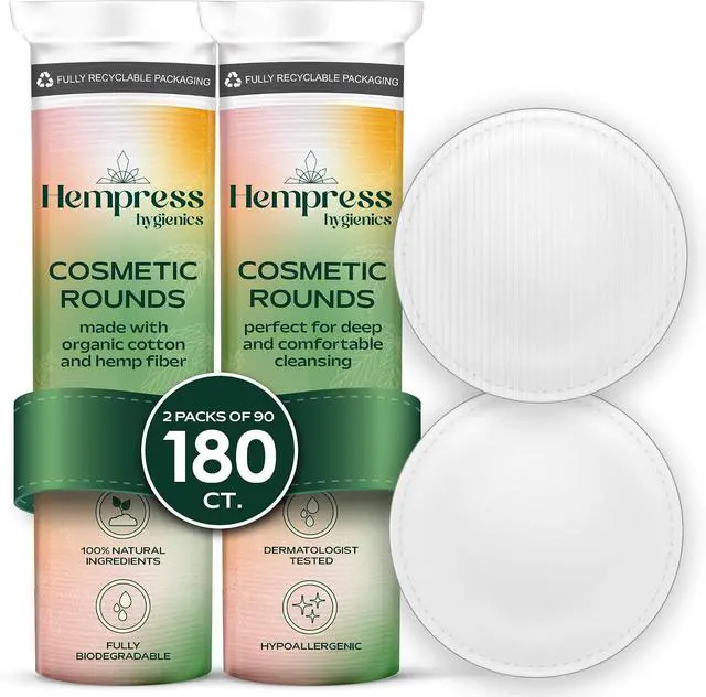 Main image of Organic Cotton Rounds for Face (180 Count) | Soft & Plush for Sensitive Skin, Strong Hemp Fibers Resist Shredding, Vegan, Skin-Friendly, Non-Toxic Makeup Remover Pads