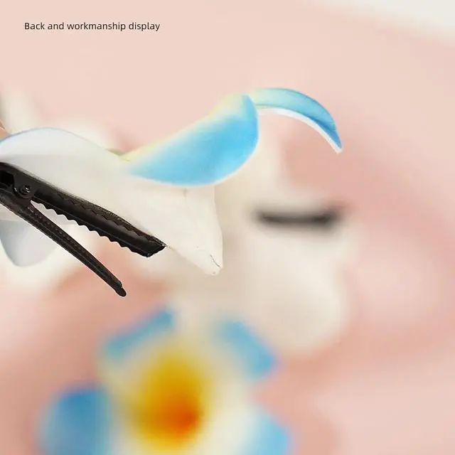 Alt view image 4 of 7 - 4 Pcs Hawaiian Flower Hair Clip,Tropical Style Hair Clips for Women Frangipani Plumeria Foam Head Flower Wedding Party Beach Hair Clip (White and blue)