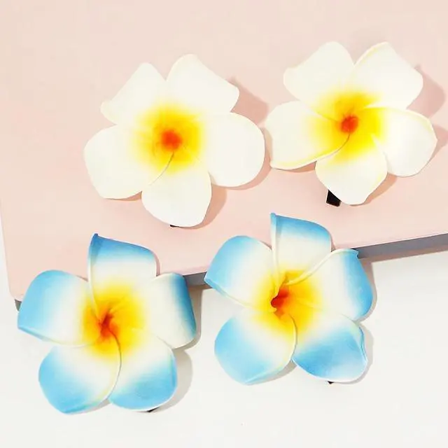 Alt view image 7 of 7 - 4 Pcs Hawaiian Flower Hair Clip,Tropical Style Hair Clips for Women Frangipani Plumeria Foam Head Flower Wedding Party Beach Hair Clip (White and blue)