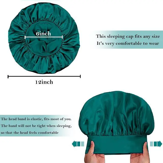 Alt view image 2 of 6 - 4Pcs Silk Hair Bonnets for Sleeping - Elastic Wide Band Satin Hair Wrap for Sleeping Black Women Men,Bonnets for Curly Hair,Silk Sleep Cap (Black & Blue & Pink & Khaki)