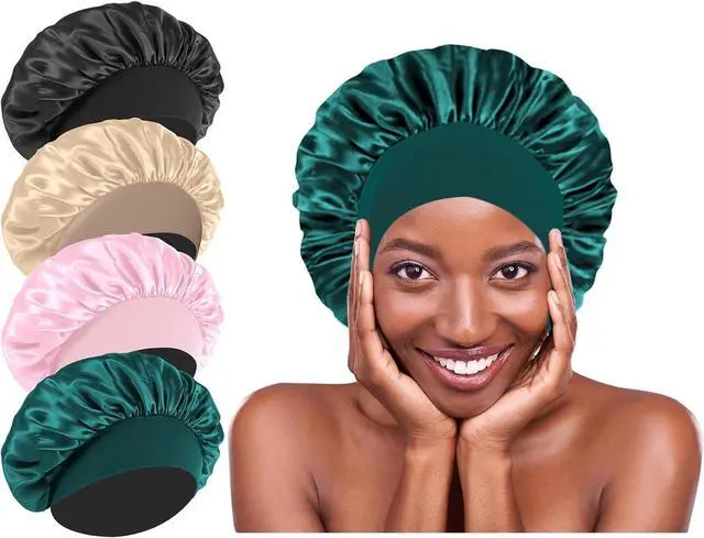 Main image of 4Pcs Silk Hair Bonnets for Sleeping - Elastic Wide Band Satin Hair Wrap for Sleeping Black Women Men,Bonnets for Curly Hair,Silk Sleep Cap (Black & Blue & Pink & Khaki)