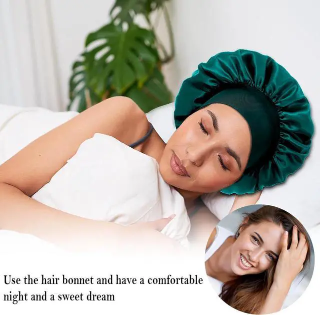 Alt view image 4 of 6 - 4Pcs Silk Hair Bonnets for Sleeping - Elastic Wide Band Satin Hair Wrap for Sleeping Black Women Men,Bonnets for Curly Hair,Silk Sleep Cap (Black & Blue & Pink & Khaki)