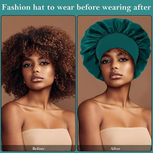 Alt view image 3 of 6 - 4Pcs Silk Hair Bonnets for Sleeping - Elastic Wide Band Satin Hair Wrap for Sleeping Black Women Men,Bonnets for Curly Hair,Silk Sleep Cap (Black & Blue & Pink & Khaki)