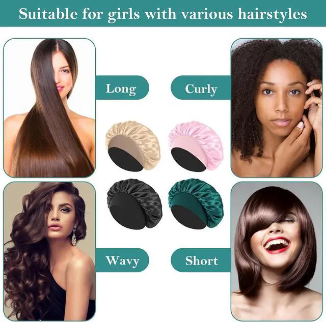 Alt view image 6 of 6 - 4Pcs Silk Hair Bonnets for Sleeping - Elastic Wide Band Satin Hair Wrap for Sleeping Black Women Men,Bonnets for Curly Hair,Silk Sleep Cap (Black & Blue & Pink & Khaki)