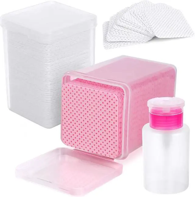 Main image of 400 Pieces Nail Cotton Pads,1 Pull-Down Pump Dispenser Bottle,Super Absorbent Soft Non-Woven Eyelash Glue Wipes,Nail Polish dehumidifier for Eyelash Extension Products and Nail Oil Bottle(Pink White)
