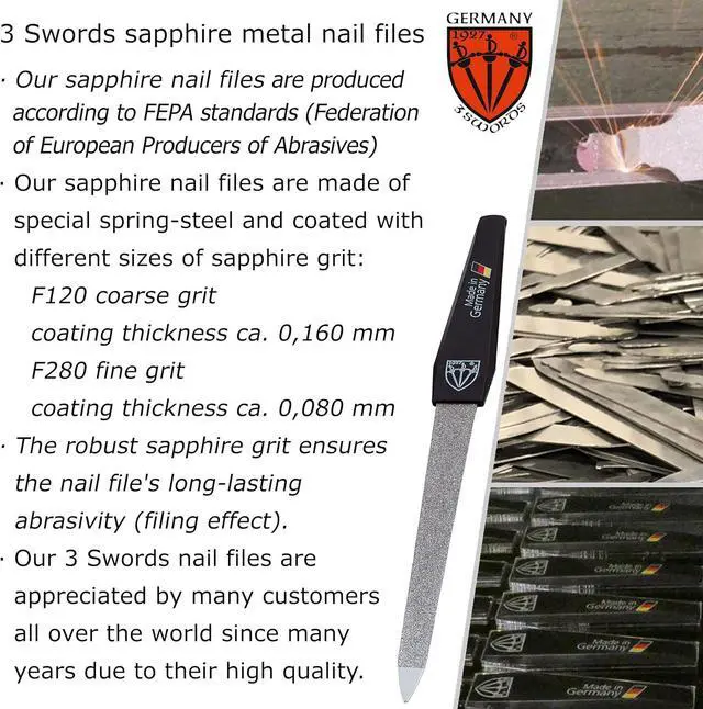 Alt view image 6 of 6 - 3 Swords Germany - Sapphire Metal Nail File Set 2 Pieces with 1 PIECE 3-Way Nail Buffer Nail Care Made in SOLINGEN/Germany