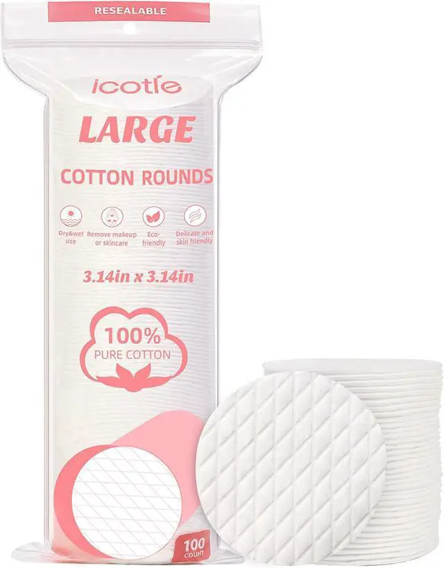 Main image of ICOTLE Extra Large Cotton Rounds, 100% Pure Cotton Pads, 3.14 Inch Soft Lint-Free Facial Cleansing Pads for Makeup Removal, Toner Application, Nail Polish Removal and Daily Skincare, 100 Count