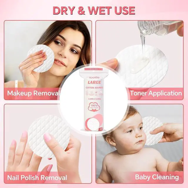 Alt view image 5 of 6 - ICOTLE Extra Large Cotton Rounds, 100% Pure Cotton Pads, 3.14 Inch Soft Lint-Free Facial Cleansing Pads for Makeup Removal, Toner Application, Nail Polish Removal and Daily Skincare, 100 Count