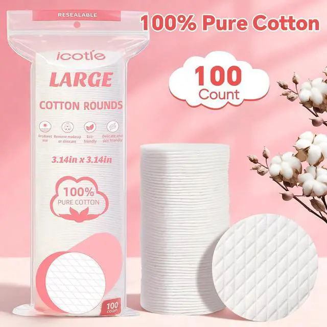 Alt view image 4 of 6 - ICOTLE Extra Large Cotton Rounds, 100% Pure Cotton Pads, 3.14 Inch Soft Lint-Free Facial Cleansing Pads for Makeup Removal, Toner Application, Nail Polish Removal and Daily Skincare, 100 Count