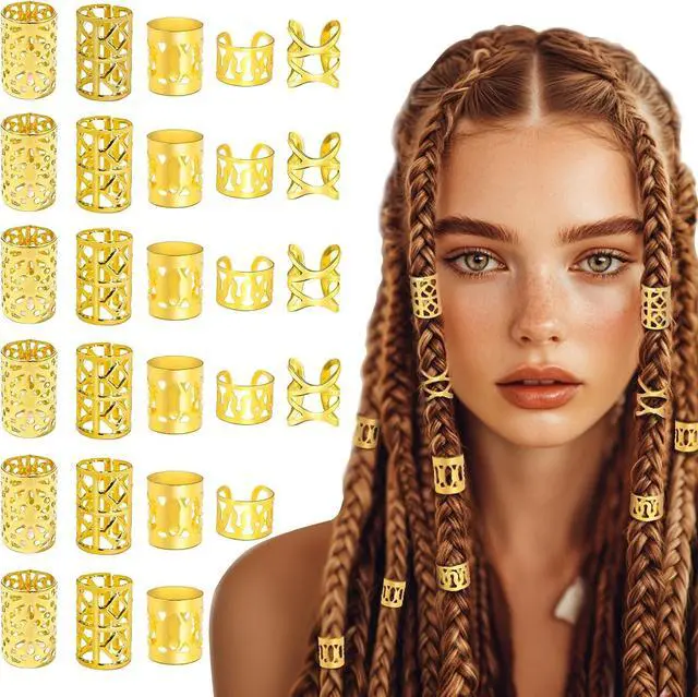 Main image of 100Pcs Gold Hair Jewelry for Braids Accessories for Women | 5 styles Metal Hair Dreadlock Jewelry Braids Rings Cuffs Clips