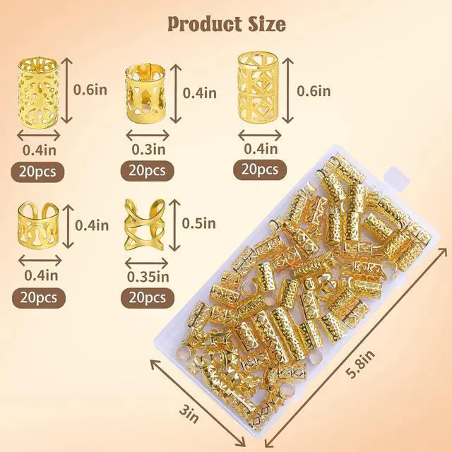 Alt view image 2 of 7 - 100Pcs Gold Hair Jewelry for Braids Accessories for Women | 5 styles Metal Hair Dreadlock Jewelry Braids Rings Cuffs Clips