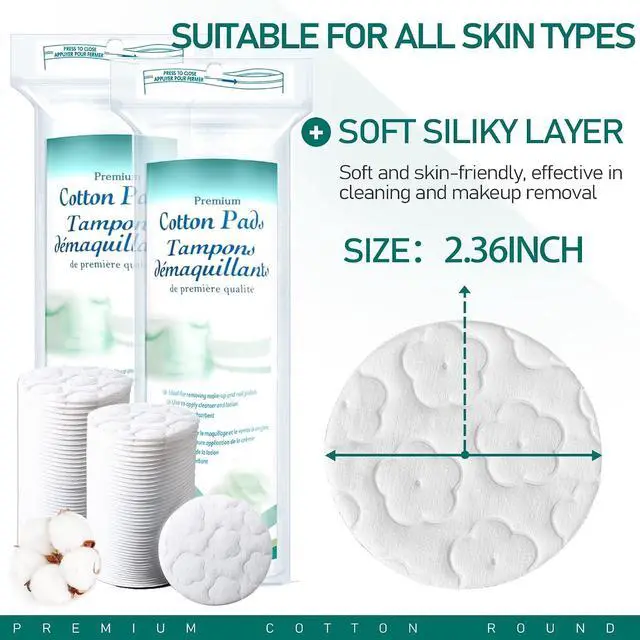 Alt view image 2 of 5 - Premium Cotton Rounds for Face, 300 Count | Makeup Remover Pads, 100% Pure & Natural, Facial Cleansing Round Pads, For Makeup Removal & Nail Polish Remover