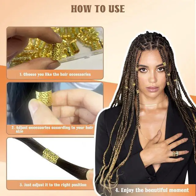 Alt view image 5 of 7 - 100Pcs Gold Hair Jewelry for Braids Accessories for Women | 5 styles Metal Hair Dreadlock Jewelry Braids Rings Cuffs Clips