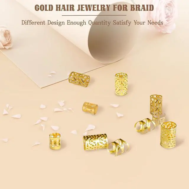 Alt view image 7 of 7 - 100Pcs Gold Hair Jewelry for Braids Accessories for Women | 5 styles Metal Hair Dreadlock Jewelry Braids Rings Cuffs Clips