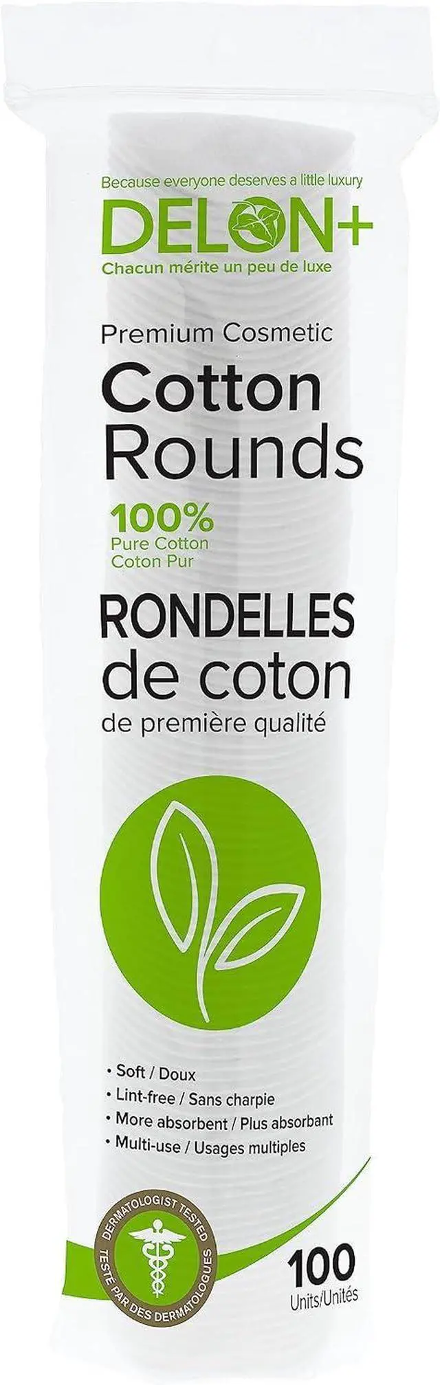 Main image of Delon Premium Dual-Sided Cotton Rounds, 100 Count (Pack of 1) Lint-Free, Hypoallergenic, 100% Cotton Pads for Makeup, Skincare & Nails Made in Canada