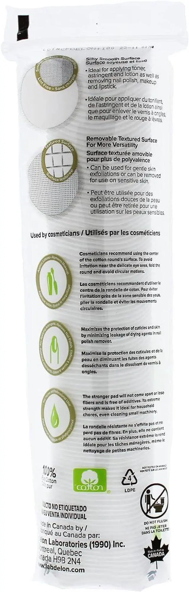 Alt view image 2 of 3 - Delon Premium Dual-Sided Cotton Rounds, 100 Count (Pack of 1) Lint-Free, Hypoallergenic, 100% Cotton Pads for Makeup, Skincare & Nails Made in Canada