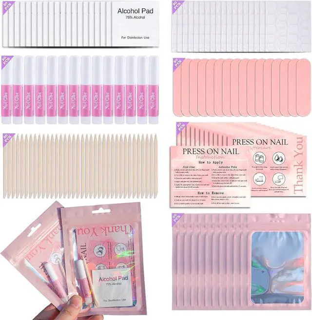 Main image of Disposable Nail Supplies Kits(140pcs20set-pink) | Professional Manicure Press On Nail Tool Kit with Nail File,Adhesive Tabs,Nail Glue,Sticks, Prep Pads,Bags,Cards