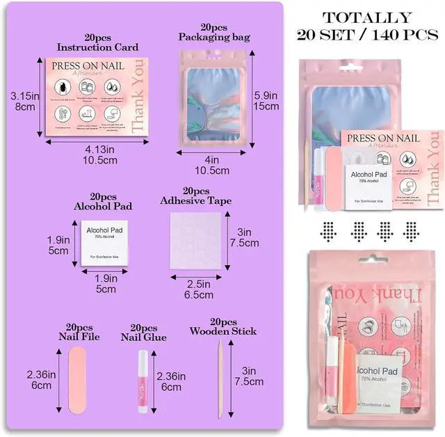 Alt view image 3 of 6 - Disposable Nail Supplies Kits(140pcs20set-pink) | Professional Manicure Press On Nail Tool Kit with Nail File,Adhesive Tabs,Nail Glue,Sticks, Prep Pads,Bags,Cards