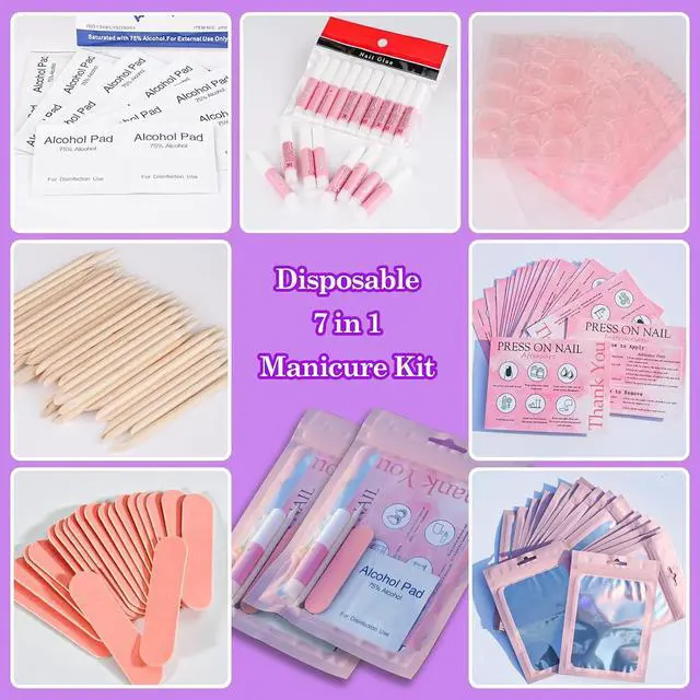 Alt view image 4 of 6 - Disposable Nail Supplies Kits(140pcs20set-pink) | Professional Manicure Press On Nail Tool Kit with Nail File,Adhesive Tabs,Nail Glue,Sticks, Prep Pads,Bags,Cards