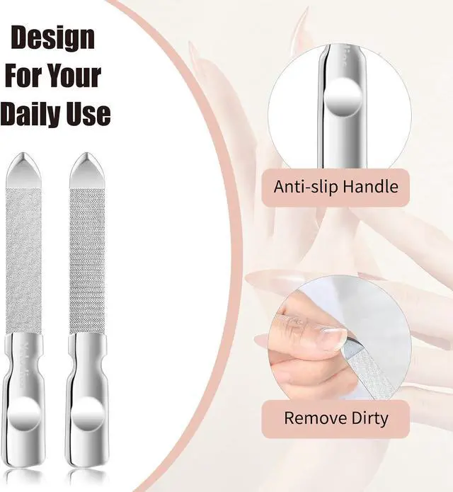 Alt view image 3 of 6 - Heavy Duty Nail File for Men and Women, Reusable Stainless Steel Fingernail Files, Double Sided Stainless Steel Nail File with Leather Case, Great for Home and Salon 2PCS