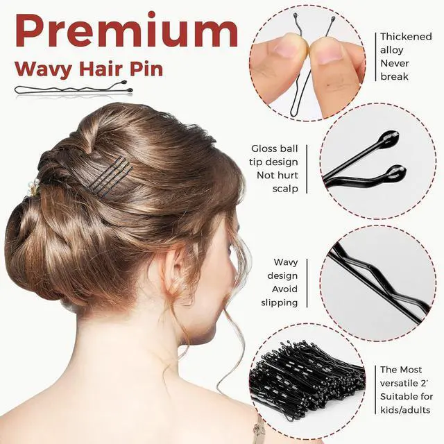 Alt view image 3 of 7 - 300 Pcs Bobby Pins Black, Hair Pins for Women Girls and Kids, Invisible Wave Hair clips Bulk with Storage box, Pain-Free Hairpins2 Inch Black