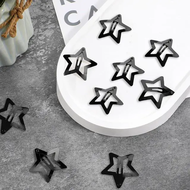 Alt view image 4 of 7 - 12PCS Metal Star Snap Hair Clips, 1.6 Inches Star Hair Clips for Kids Girls and Women, Silver/Gold/Black Star Snap Hair Barrettes, Non-Slip 2000s Y2K Star Cute Snap Hair Accessories(Black)
