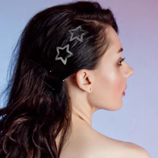 Alt view image 5 of 7 - 12PCS Metal Star Snap Hair Clips, 1.6 Inches Star Hair Clips for Kids Girls and Women, Silver/Gold/Black Star Snap Hair Barrettes, Non-Slip 2000s Y2K Star Cute Snap Hair Accessories(Black)