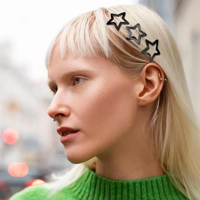 Alt view image 6 of 7 - 12PCS Metal Star Snap Hair Clips, 1.6 Inches Star Hair Clips for Kids Girls and Women, Silver/Gold/Black Star Snap Hair Barrettes, Non-Slip 2000s Y2K Star Cute Snap Hair Accessories(Black)