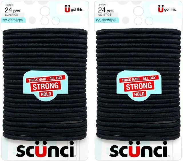 Main image of Scunci Thick Hair Black Elastics, All day strong hold No-Damage, 5mm thickness, 24-Pieces per pack (2-Pack)