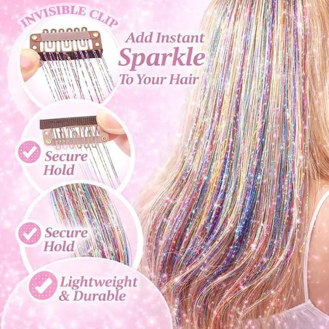 Alt view image 2 of 7 - Hair Tinsel Clip in Fairy Glitter Tinsel Hair Extensions for Girls | 22 Inch 12 Pcs Rainbow Pink Hair Tinsel Kit Heat Resistant Hair Accessories for Women Kids Party Festival
