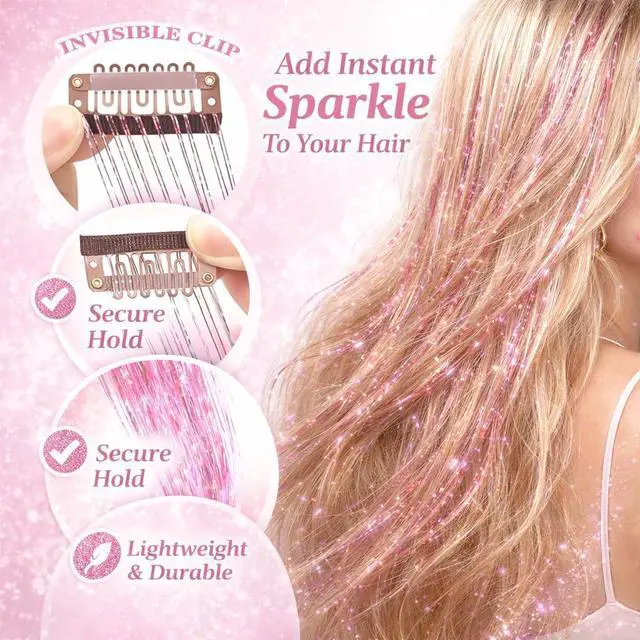 Alt view image 3 of 7 - Hair Tinsel Clip in Fairy Glitter Tinsel Hair Extensions for Girls | 22 Inch 12 Pcs Rainbow Pink Hair Tinsel Kit Heat Resistant Hair Accessories for Women Kids Party Festival