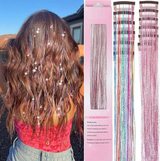 Main image of Hair Tinsel Clip in Fairy Glitter Tinsel Hair Extensions for Girls | 22 Inch 12 Pcs Rainbow Pink Hair Tinsel Kit Heat Resistant Hair Accessories for Women Kids Party Festival