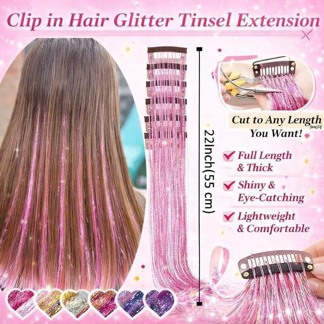 Alt view image 4 of 7 - Hair Tinsel Clip in Fairy Glitter Tinsel Hair Extensions for Girls | 22 Inch 12 Pcs Rainbow Pink Hair Tinsel Kit Heat Resistant Hair Accessories for Women Kids Party Festival