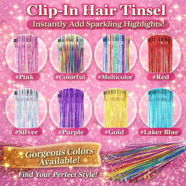 Alt view image 6 of 7 - Hair Tinsel Clip in Fairy Glitter Tinsel Hair Extensions for Girls | 22 Inch 12 Pcs Rainbow Pink Hair Tinsel Kit Heat Resistant Hair Accessories for Women Kids Party Festival