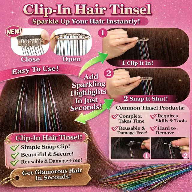 Alt view image 5 of 7 - Hair Tinsel Clip in Fairy Glitter Tinsel Hair Extensions for Girls | 22 Inch 12 Pcs Rainbow Pink Hair Tinsel Kit Heat Resistant Hair Accessories for Women Kids Party Festival