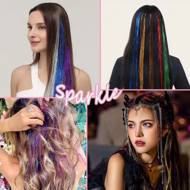Alt view image 7 of 7 - Hair Tinsel Clip in Fairy Glitter Tinsel Hair Extensions for Girls | 22 Inch 12 Pcs Rainbow Pink Hair Tinsel Kit Heat Resistant Hair Accessories for Women Kids Party Festival