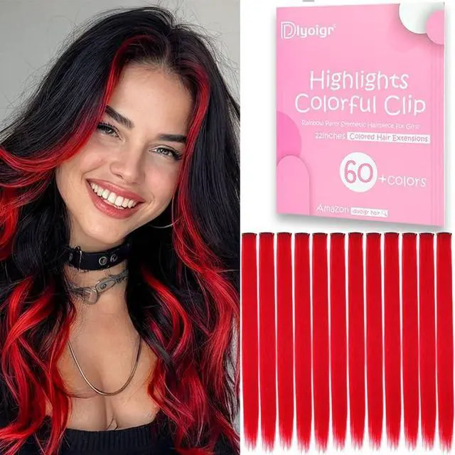 Main image of Red Clip In Hair Extensions 12PCS, 22 Inch Heat Resistant Hair for Women | Natural Looking, Soft Silky Fiber, Secure Clips, Reusable, Parties, Festivals, Cosplay & Daily Wear