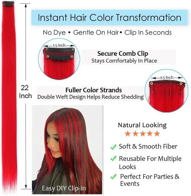 Alt view image 2 of 7 - Red Clip In Hair Extensions 12PCS, 22 Inch Heat Resistant Hair for Women | Natural Looking, Soft Silky Fiber, Secure Clips, Reusable, Parties, Festivals, Cosplay & Daily Wear